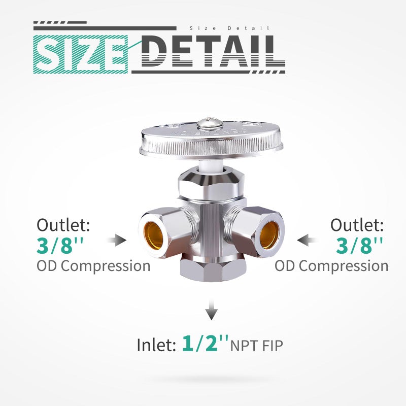 Minimprover Chrome Plated Heavy Duty Brass 3-way 360 Angle Stop Valve, 1/2"FIP Inlet x 3/8"OD Compression x 3/8"OD Compression Dual Outlet Valve - Image 2